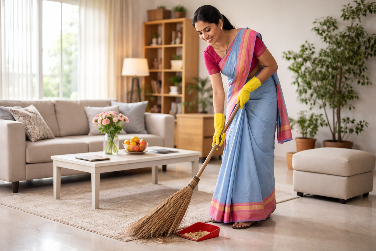 Cleaning with care in a cozy living room