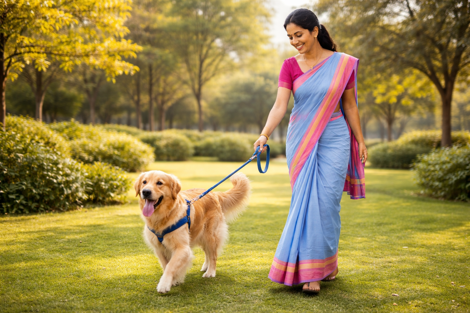 Woman and dog strolling in park
